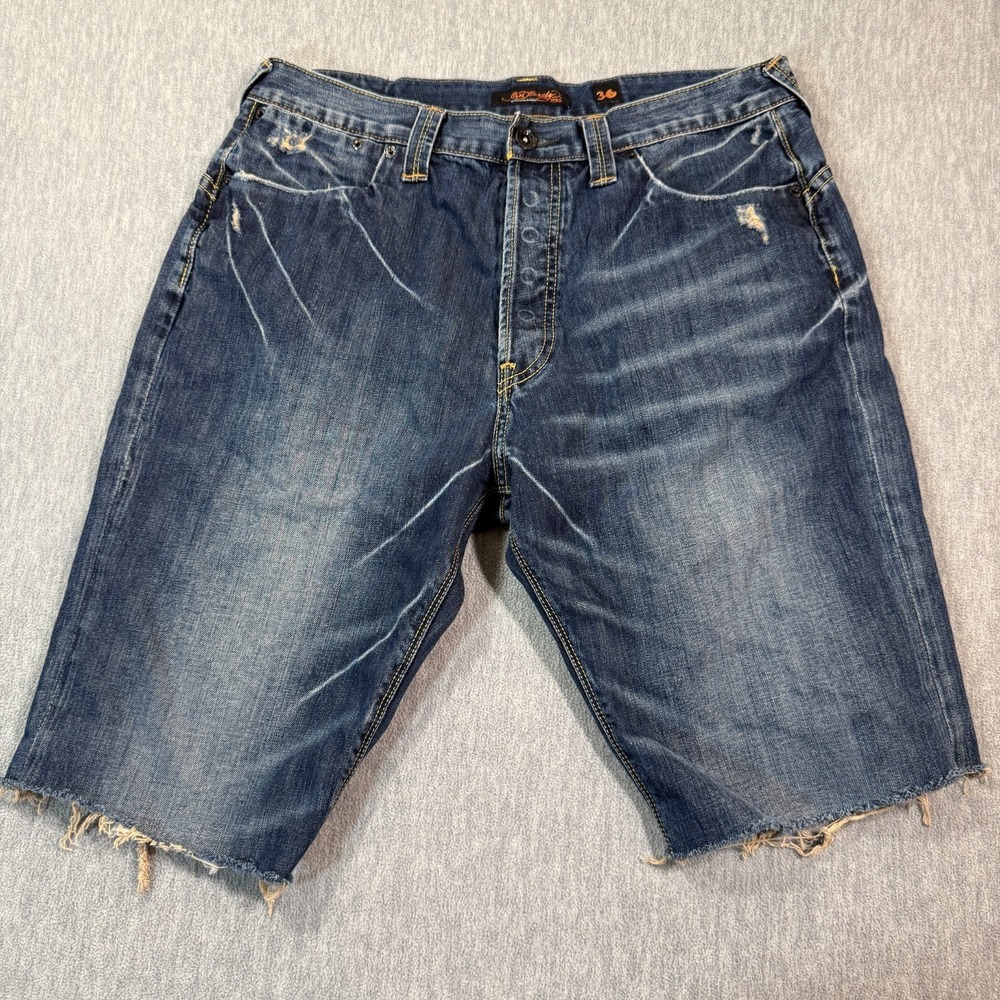 Ed Hardy Jeans Men's 36 Blue Denim Shorts Cut Off Distressed Button‎ Fly